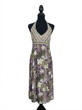 Athleta Green Purple Floral Midi Dress Size 10T Smocked Back Activewear Casual